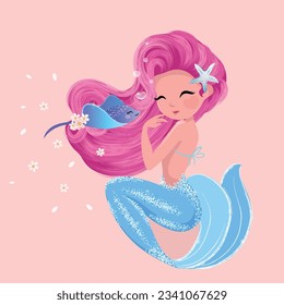 Pretty Mermaid with her sweet friend, vector illustration. Lovely stingray with flowers. Kids prints, wallpapers, t-shirt graphics, toys.