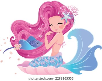 Pretty Mermaid with her sweet stingray, marine collection for girls, lovely mermaid graphic for kids prints, t shirts, wallpapers, birthday cards, postcards, children products, girls swimsuits.
