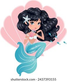 Pretty mermaid illustration, kids prints, wallpapers, t shirt graphics. Vector illustration.