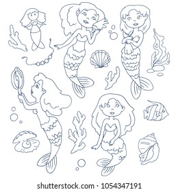 Pretty mermaid linear vector drawings set.