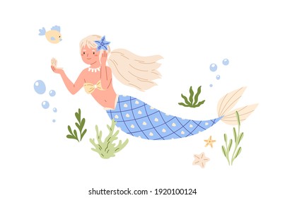 Pretty mermaid with long blonde hair and blue fish tail swimming at sea bed and looking in seashell mirror. Cute underwater fairy princess. Color flat vector illustration isolated on white background