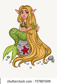 A pretty mermaid with long hair. Vector illustration.