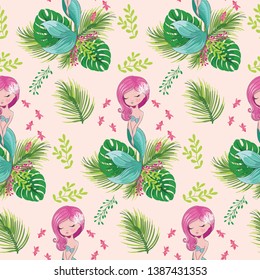 Pretty mermaid with palm leaves vector design