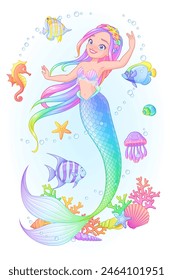 Pretty mermaid princess with long hair surrounded with fish, corals and sea creatures. Hand drawn isolated vector illustration not AI.