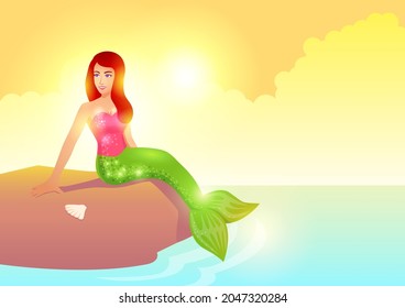 Pretty mermaid sitting on the rock during sunset, cartoon vector in EPS 10 format