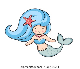 Pretty mermaid with starfish in hair. Cartoon cute character. Vector illustration.