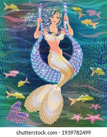 Pretty mermaid is swinging on the moon greeting card. vector illustration
