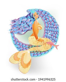 Pretty mermaid is swinging on moon. vector illustration