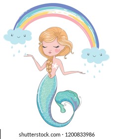 Pretty mermaid under the rainbow with clouds vector illustration for kids t shirts, fashion artworks, posters, greeting card, children books.