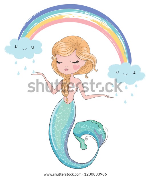 Pretty Mermaid Under Rainbow Clouds Vector Stock Vector Royalty Free