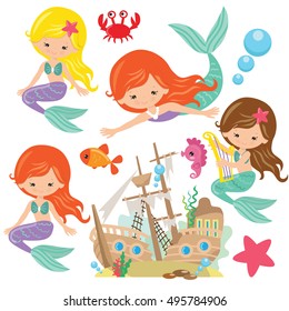 Pretty mermaid vector cartoon illustration