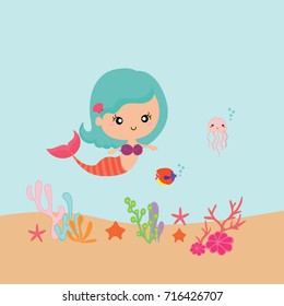 Pretty mermaid vector cartoon illustration