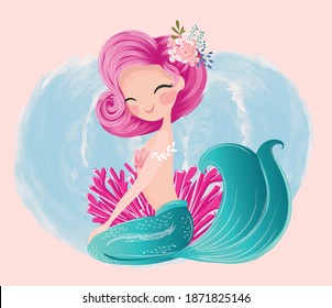 Pretty mermaid vector illustration, children artworks, wallpapers-greeting cards prints