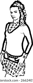 Hübsches Modell Frau posiert in einem modernen Kleid einzeln auf weißem Hintergrund Skizzenvektor