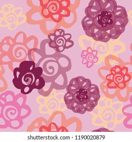 Pretty, modern, abstract floral pattern. Seamless vector. with lavender background, Pink, orange, violet, wine, yellow-orange flowers. Cute and happy. Textiles, home decor, gift wrapping, packaging.