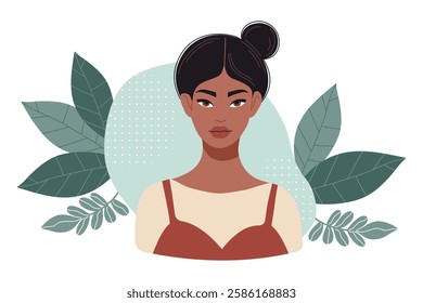 Pretty Modern African American Woman with Leaves. Minimalist Modern Female Portrait. Vector illustration in flat style