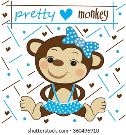 pretty monkey girl with hearts and dots and lines vector illustration