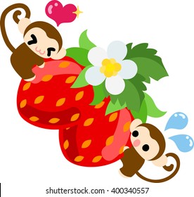 Pretty monkeys are carrying big strawberries