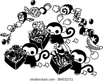 Pretty monkeys carrying luxurious New Year dishes