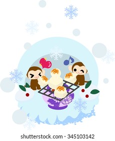 Pretty monkeys eating baked rice cake in the igloo