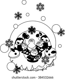 Pretty monkeys eating baked rice cake in the igloo