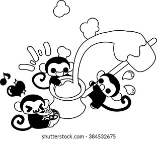 Pretty monkeys making rice cake