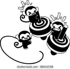 Pretty monkeys playing top spinning