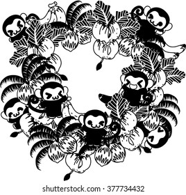 Pretty monkeys and the wreath of many bananas and coconuts