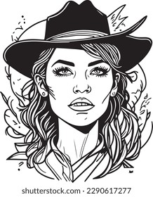 Pretty monochrome cowboy woman portrait vector