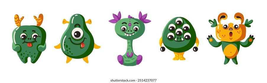 Pretty monsters with green skin characters flat color vector icon set. Alien creatures from far planet group illustration pack on white