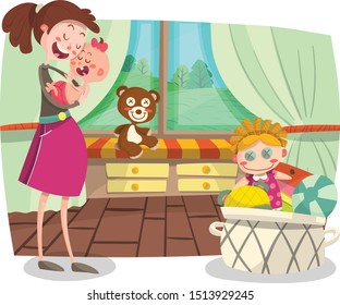 Pretty Mother with Babies in Kids Room Cartoon Scene Illustration with Background