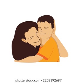 Pretty mother cuddling her cute young son flat vector illustration