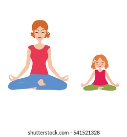 Pretty Mother And Daughter Doing Yoga In  Lotus Pose. Mom And Baby Yoga Vector Illustration. Young Mother And Daughter Doing Yoga Together. Happy Family Yoga.  Isolated On White Background. 