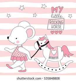 pretty mouse with rocking horse vector illustration