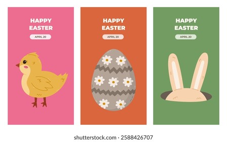 Pretty multicolor set of vertical Happy Easter posters with fluffy bunny ears in hole, painted Easter egg, chick. Simple collection of spring banner, cover, background with hand drawn illustration.