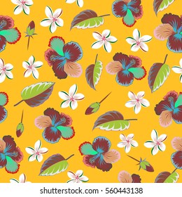 Pretty multicolored floral print. Motley seamless pattern on a yellow background. Vector multicolor abstract flower background.