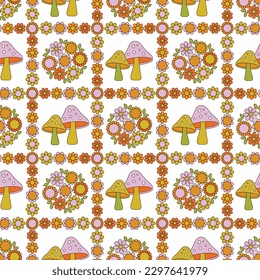 pretty mushroom and flower seamless pattern on white background