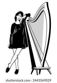 Pretty Musician Woman with Harp. Black and white vector clipart isolated on white.