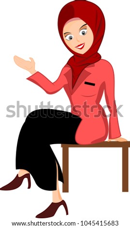Pretty muslimah, vector image, sitting on the ooden chair. HIjab female with red color fashion