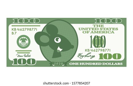 a pretty muzzle of a rat instead of a portrait of Franklin on a note in 100 US dollars. 2020 year of the rat according to the Chinese calendar. flat vector illustration isolated on white background