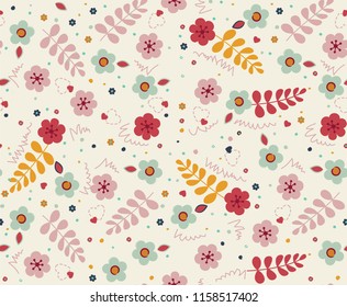 Pretty, neutral floral for a sweet, sentimental statement. Retro colors from the early 1980s on a soft, natural background color. Vector, seamless repeating cottage floral for girls.