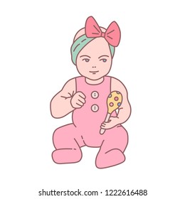 Pretty newborn baby girl dressed in romper suit sitting and holding rattle. Lovely little child or infant with toy isolated on white background. Colored vector illustration in modern linear style.