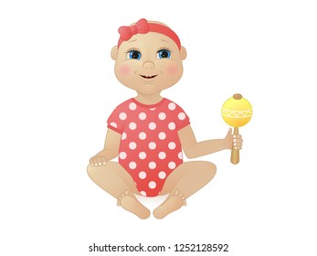 Pretty newborn baby girl dressed in romper suit sitting and holding rattle. Lovely little child or infant with toy isolated on white background. Colored vector illustration in modern linear style.