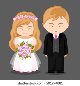 Pretty newlywed couple. Bride and groom. Vector flat illustration.