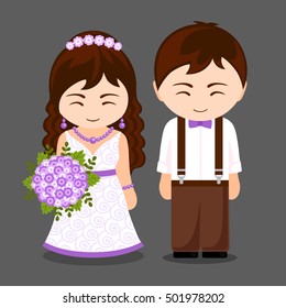 Pretty newlywed couple. Bride and groom. Vector flat illustration.