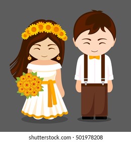 Pretty newlywed couple. Bride and groom. Vector flat illustration.