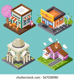 Pretty nice city isometric buildings isolated: nice street cafe with fancy-looking tree, supermarket with parking, library, nice home building with garage. Flat stock vector illustration. 