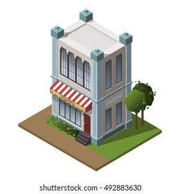 Pretty nice city isometric buildings isolated with shadows. Nice two-storey street cafe or shop. Flat stock vector illustration. Vector isometric shop for game. Isometric retail store concept for app.