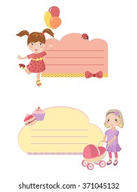 Pretty notebook cover for girls. Two funny girls and place for text. Vector illustration