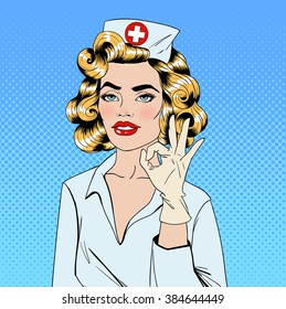 Pretty Nurse in Pop Art Style Gesturing Okay. Vector illustration